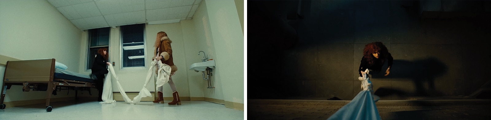 Two scenes showing a break-out from hospital in Russian Doll