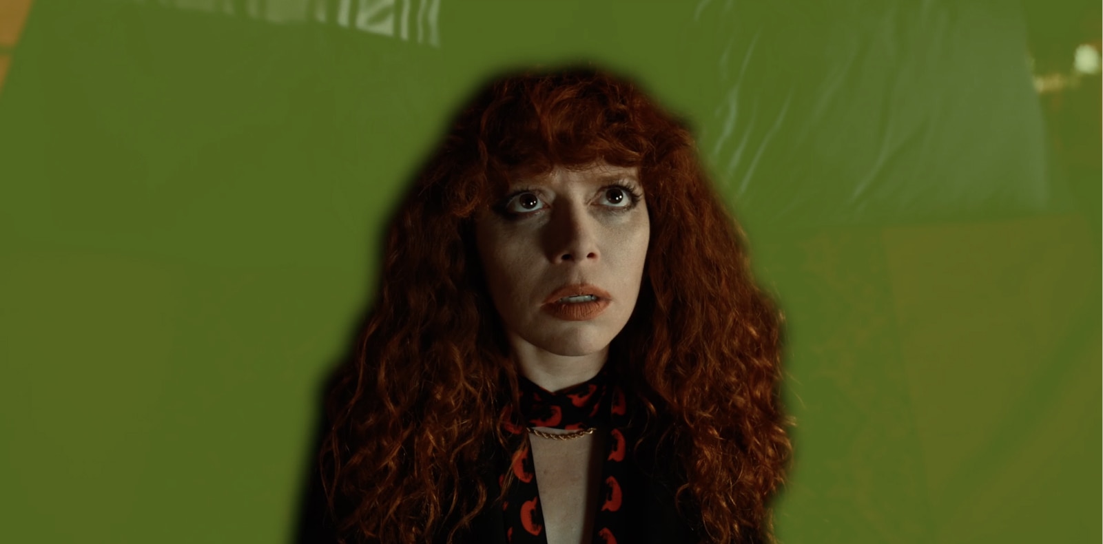 Close-up of actress Natasha Lyonne in green screen Russian Doll scene