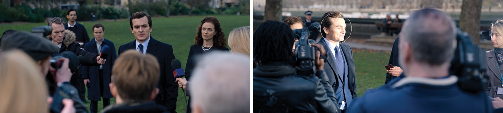 Two close-ups of press conference with flash photography