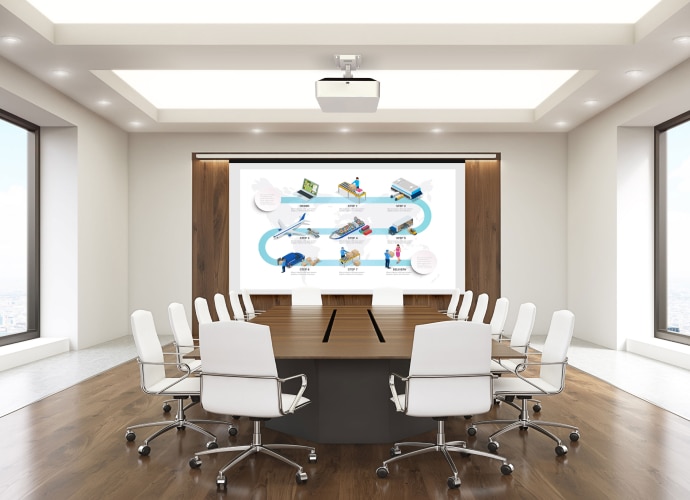 Boardroom image with projector and large image on screen