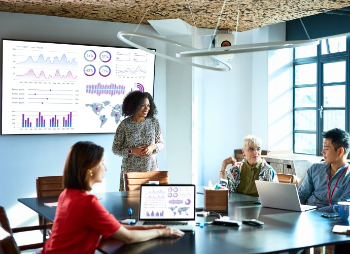 4 people in meeting room using large presentation display and smaller display screen demonstrating how these all work together