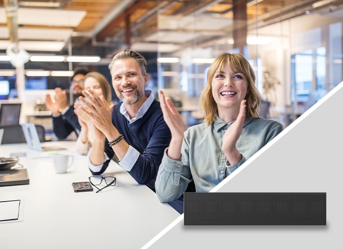 Meeting room with people clapping online presentation