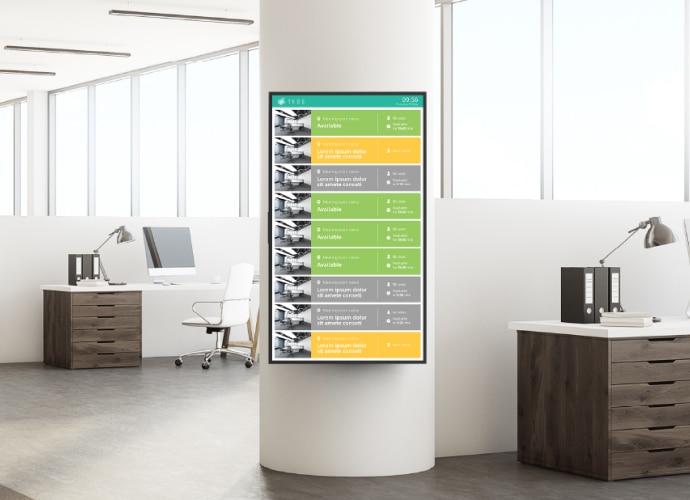 Large display screen in office reception with overview list of all meeting rooms status