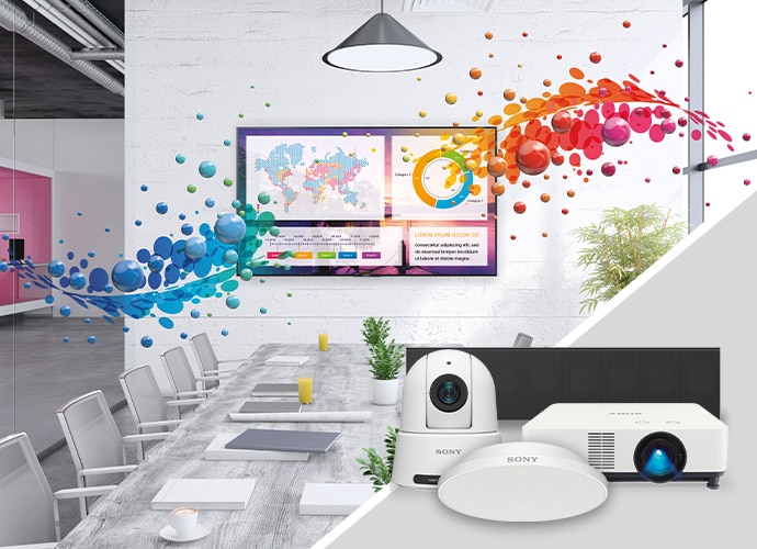 office scene with brightly colored image and screen. Product image of projector, speaker and PTZ camera in foreground