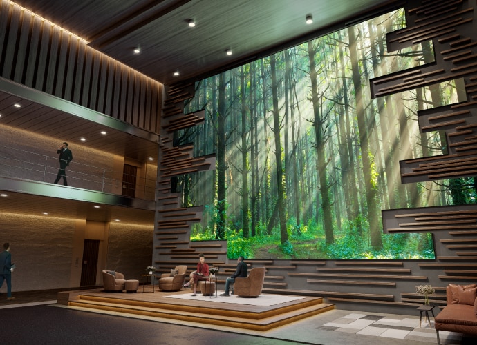 Crystal LED wall with realistic forest scene in large building welcome/seating area