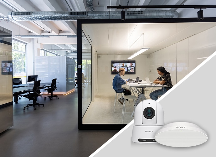 Office meeting rooms with PTZ camera and Speaker product images in foreground