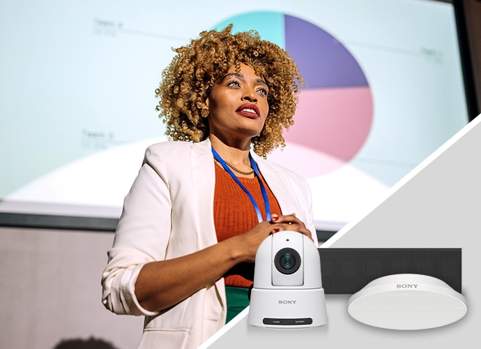 Woman speaking at a conference with PTZ camera and Speaker product images in foreground