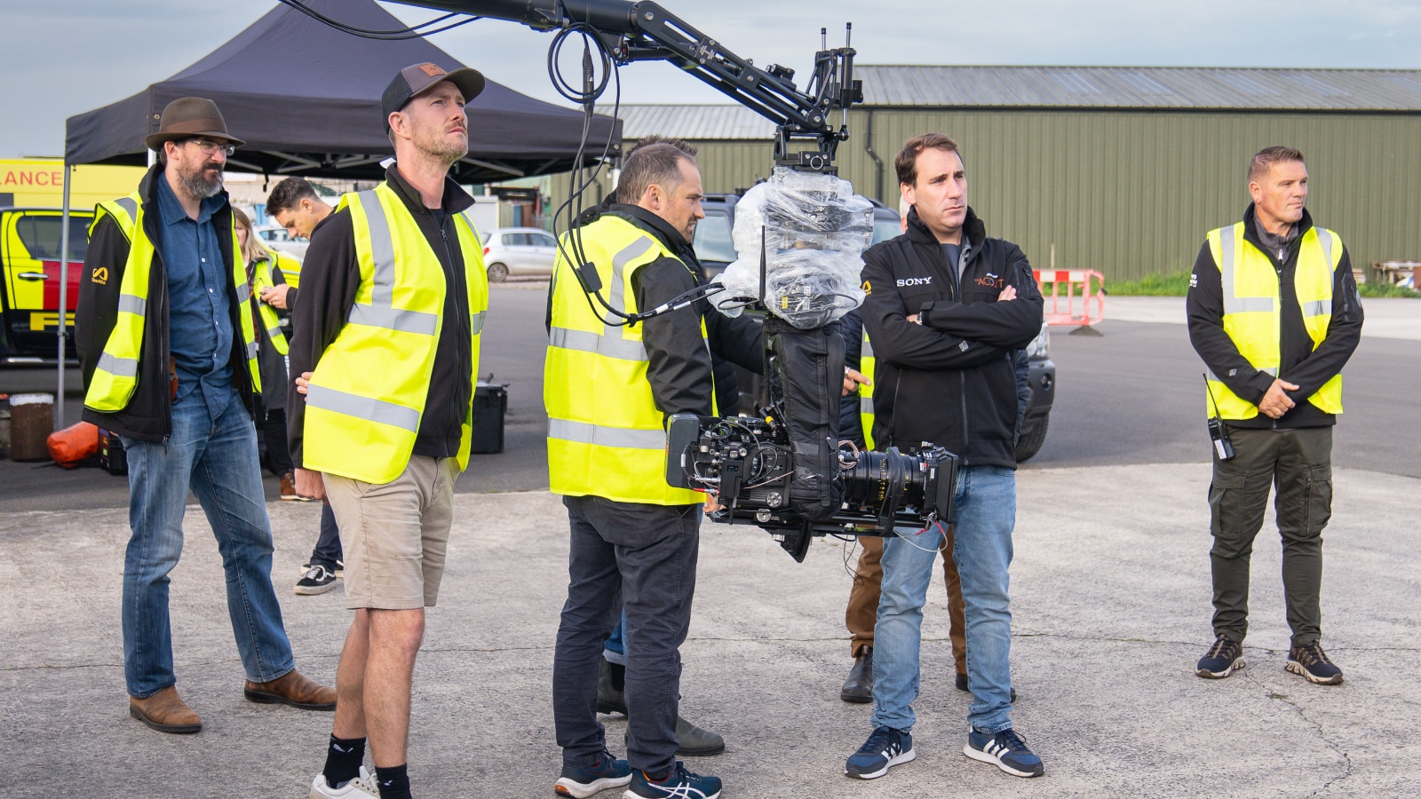 DoP James Friend (second from right) with film crew and BURANO camera