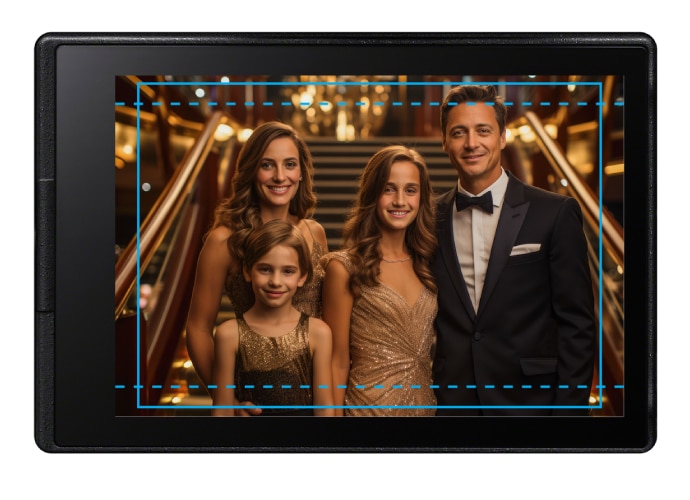 A photo of a family at a staircase of a cruise ship