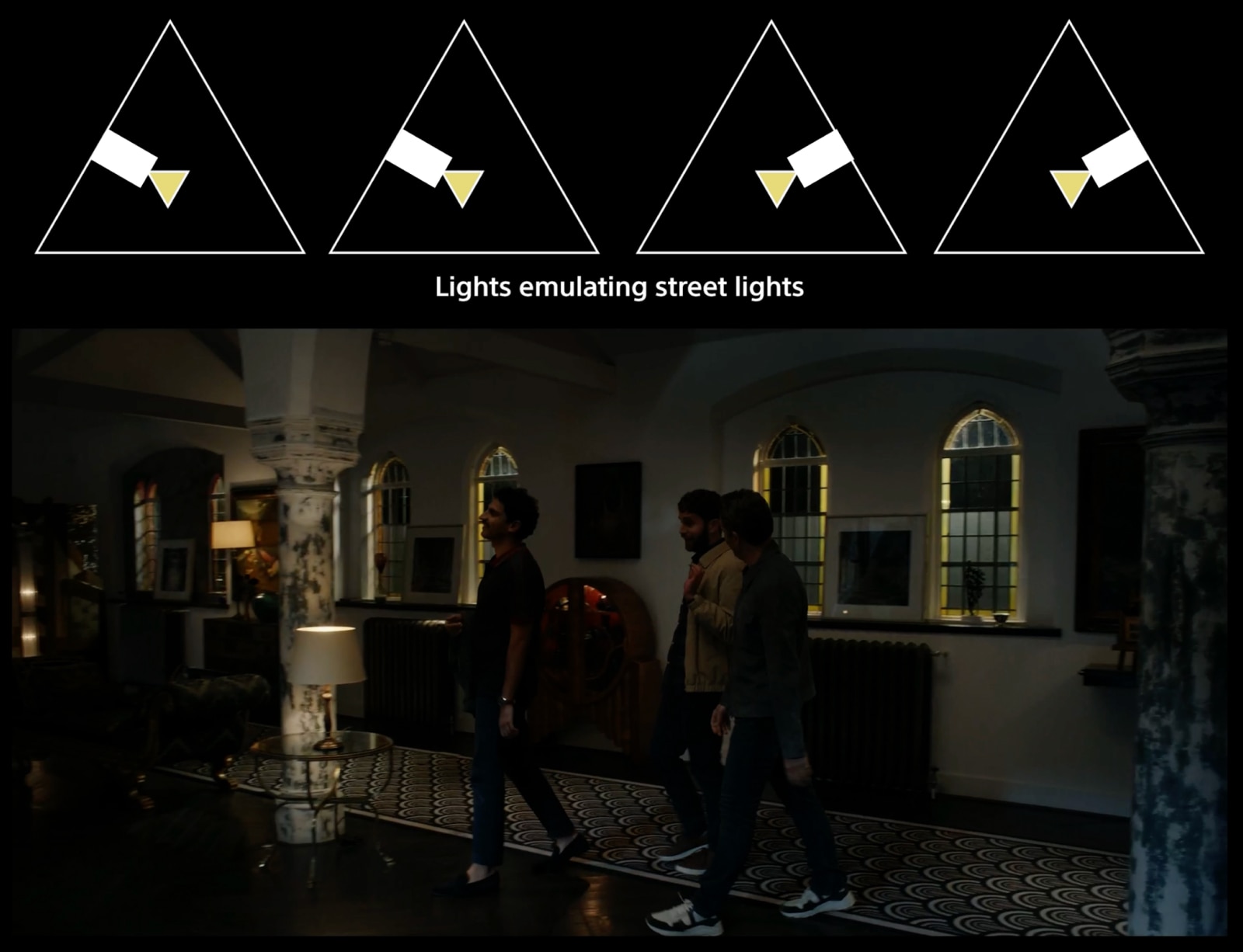 Diagram showing how lights were positioned to create impression of street lights at night in scene from The People We Hate at the Wedding