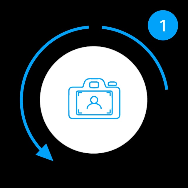 An icon image of a blue camera in a white circle on black background with blue arrow.