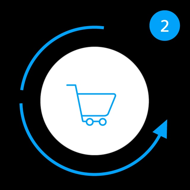 An icon image of a blue cart in a white circle on black background with blue arrow.