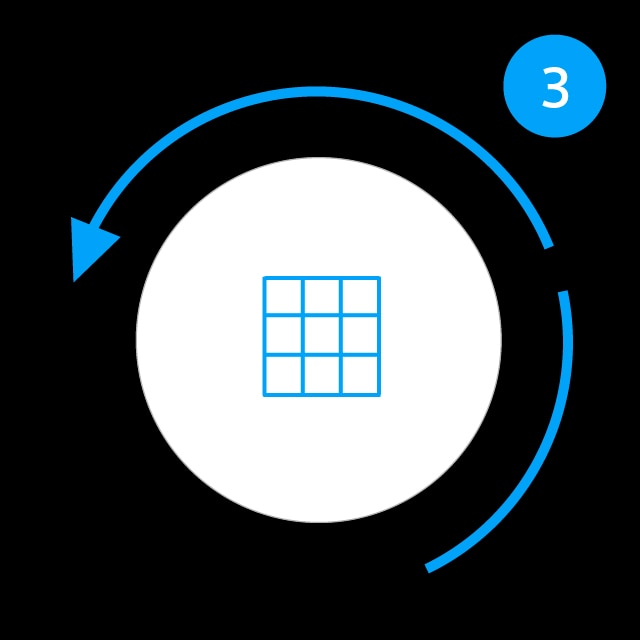 An icon image of a blue square in a white circle on black background with blue arrow.