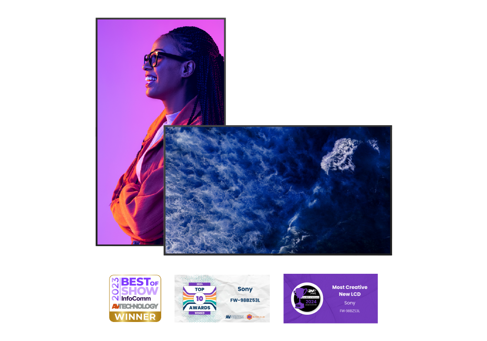 One landscape and one portrait BZ53L screen product images with 3 awards logos