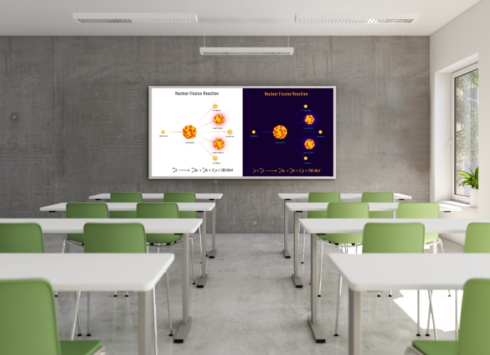 A classroom with a BRAVIA display on the wall