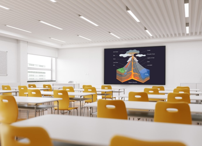 An empty classroom with a BRAVIA on the wall