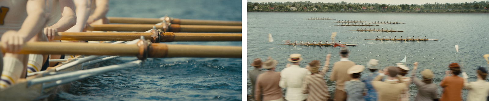 Close-up of oarsman hands and long-shot of race scene from Boys In The Boat.