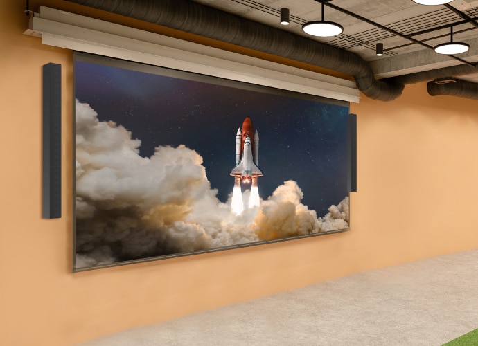 A university hall with Bravia display on the wall that shows rocket launch