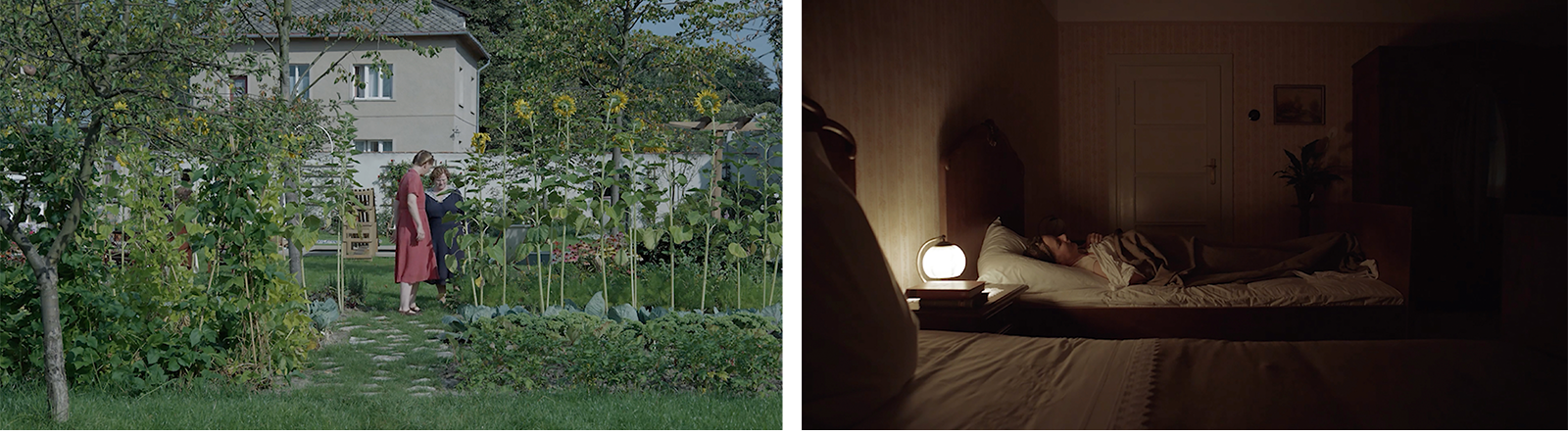 Garden scene (left) showing the flat, observational look and the bedroom scene (right) showing practical lights.