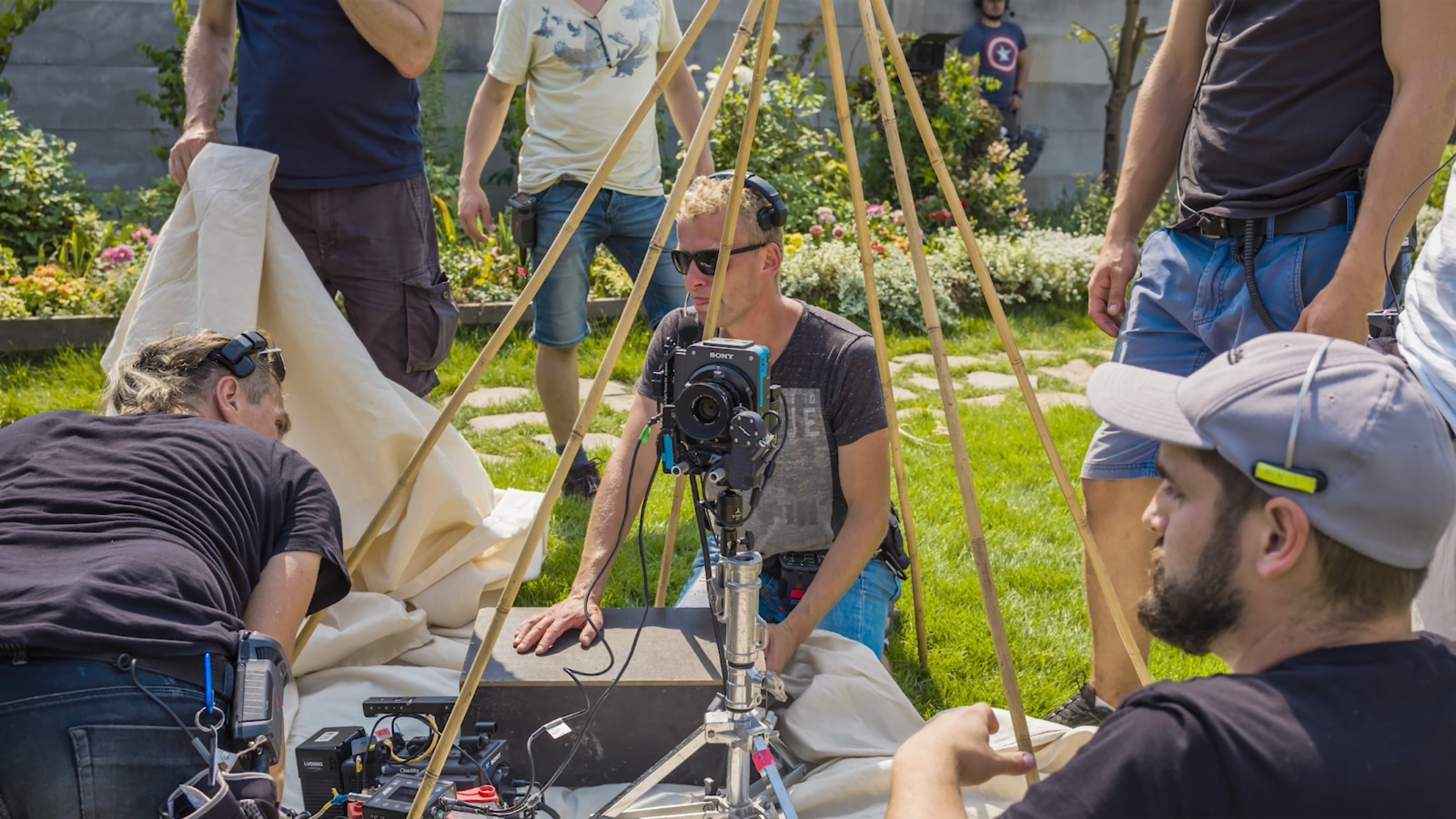 VENICE Camera Extension System on a tripod with the production crew in The Zone of Interest.