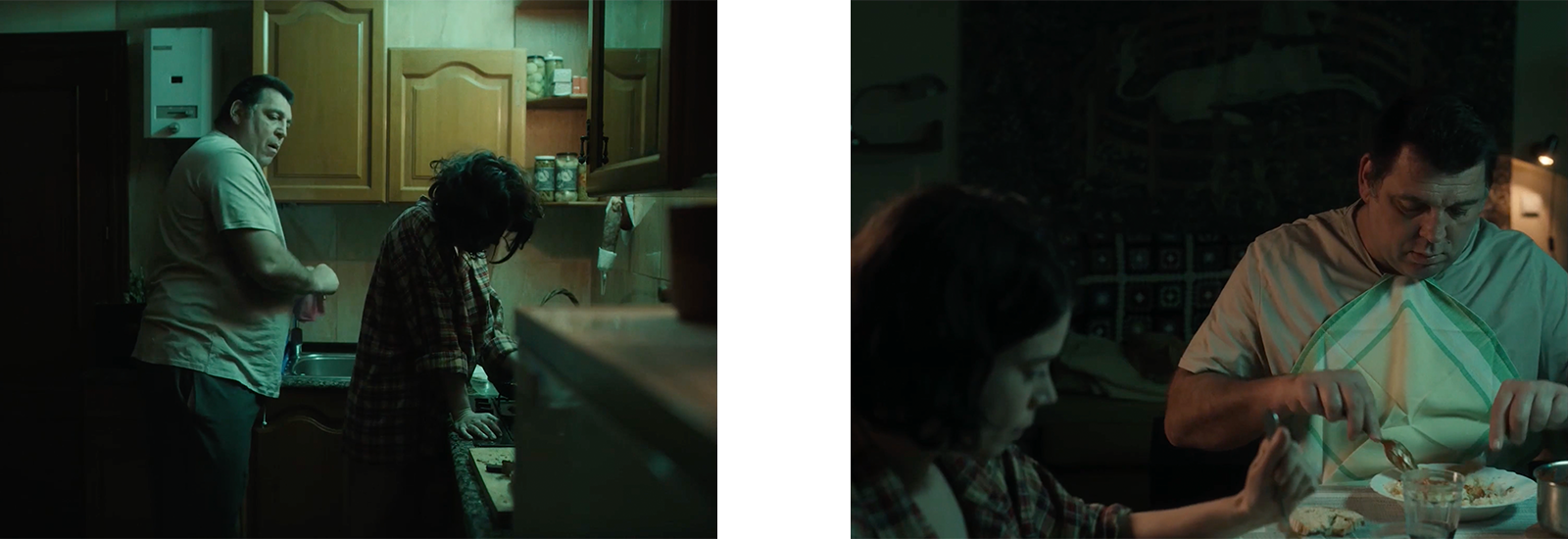 Two images from Andreas dining with Nat in house during uncomfortable scene