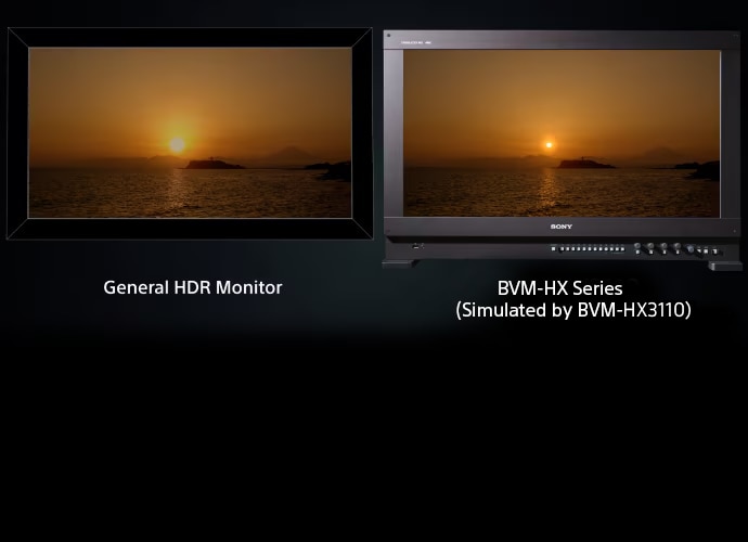 Zwei Monitore nebeneinander zeigen ein Bild von einem Sonnenuntergang, das den Unterschied von HDR verdeutlicht