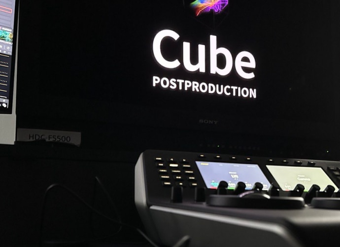 „cube Postproduction“ auf schwarzem Hintergrund eines Displays