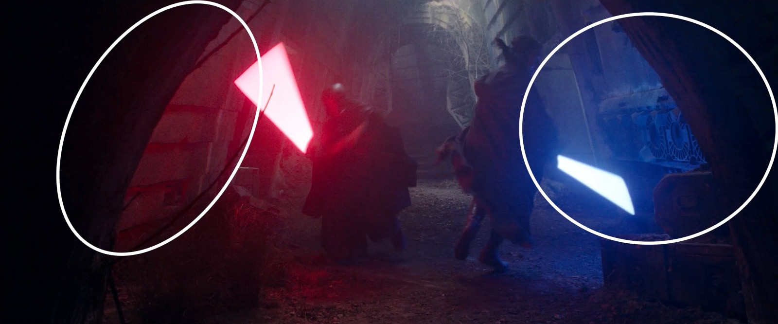 Intense battle scene in The Acolyte with lightsabres circled.