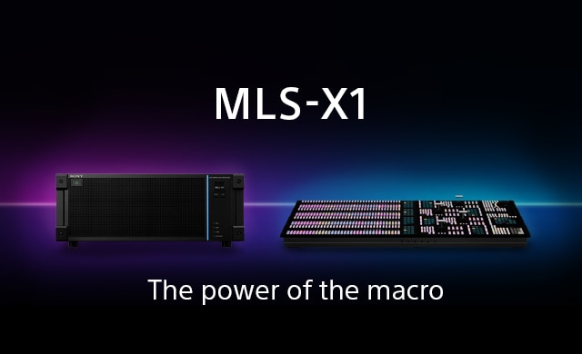 Das Bild zeigt das MLS-X1-System mit einer schwarzen Servereinheit auf der linken Seite und einem ICP-X7000-Bedienpanel auf der rechten Seite. Der Hintergrund hat einen Farbverlauf von Lila zu Blau.