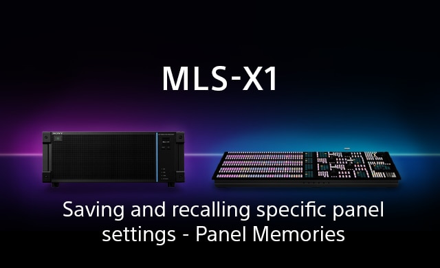 Das Bild zeigt das MLS-X1-System mit einer schwarzen Servereinheit auf der linken Seite und einem ICP-X7000-Bedienpanel auf der rechten Seite. Der Hintergrund hat einen Farbverlauf von Lila zu Blau.